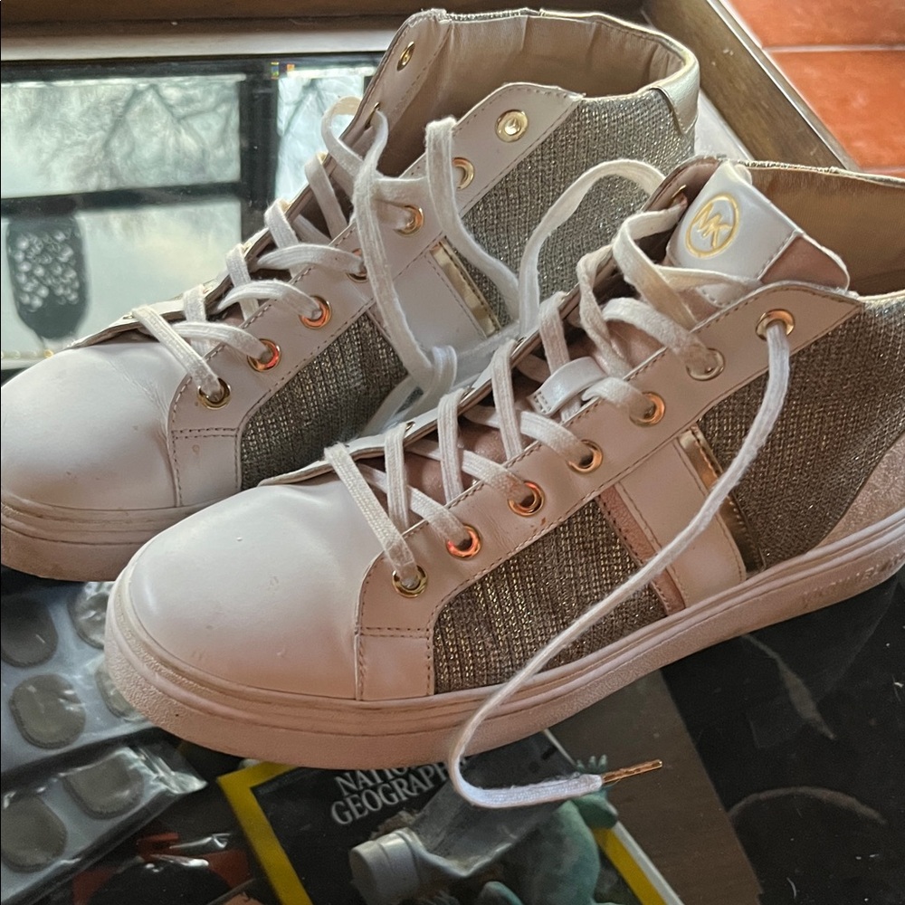 Michael Kors White and Gold Glitter High-Top Sneakers